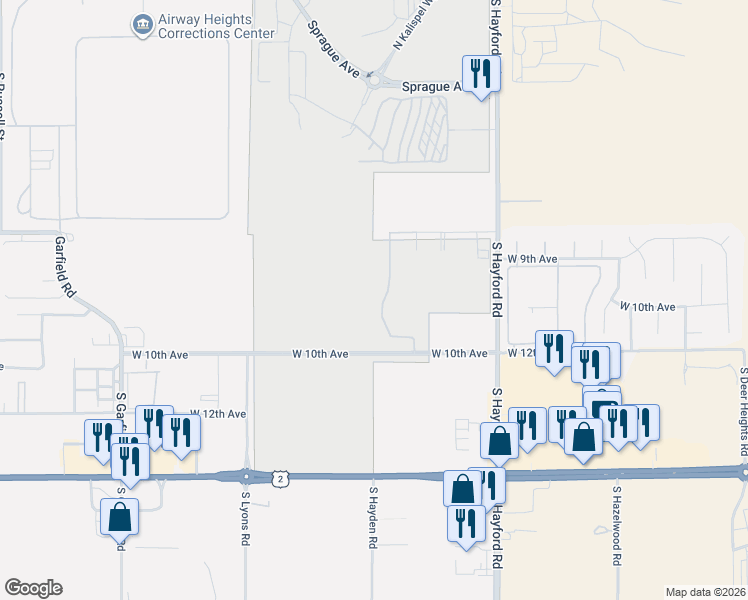 map of restaurants, bars, coffee shops, grocery stores, and more near 11103 West 6th Avenue in Airway Heights
