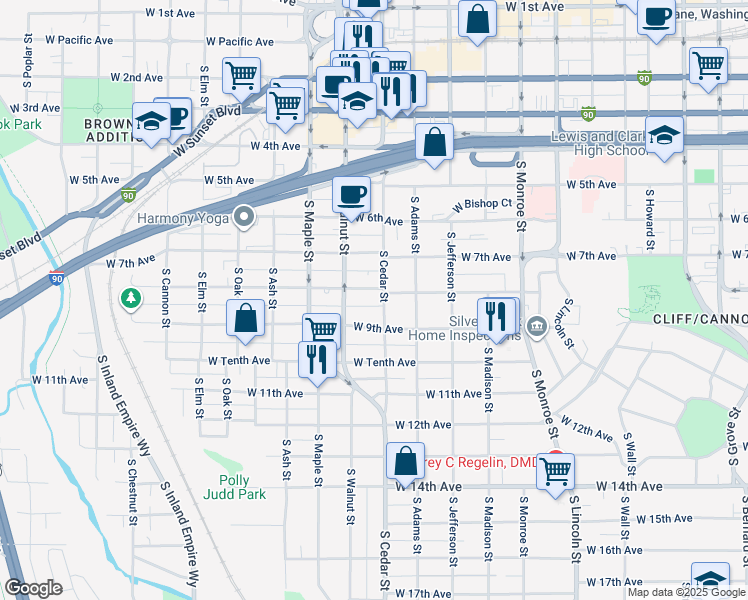 map of restaurants, bars, coffee shops, grocery stores, and more near 1422 West 9th Avenue in Spokane