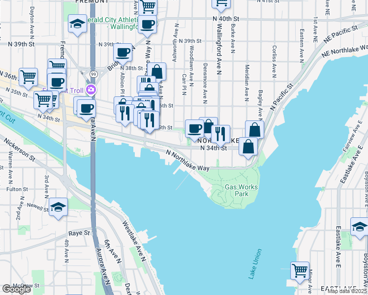 map of restaurants, bars, coffee shops, grocery stores, and more near 1550 North 34th Street in Seattle