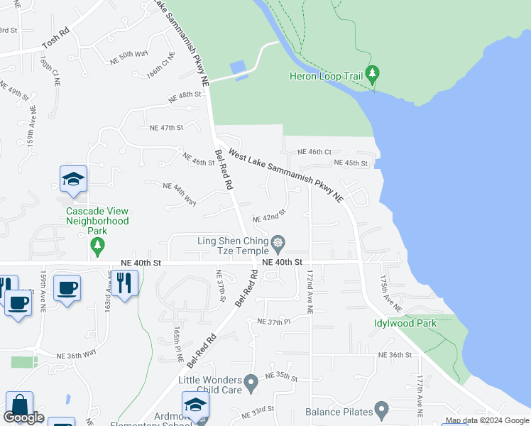 map of restaurants, bars, coffee shops, grocery stores, and more near 16942 Northeast 42nd Street in Redmond