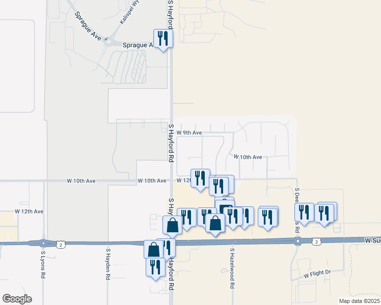 map of restaurants, bars, coffee shops, grocery stores, and more near 10620 West 12th Avenue in Spokane