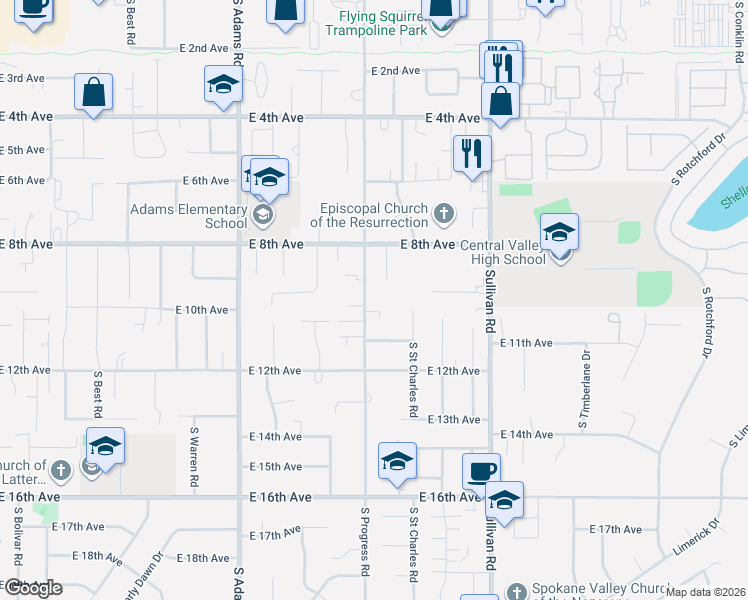 map of restaurants, bars, coffee shops, grocery stores, and more near 15115 East 11th Avenue in Spokane Valley