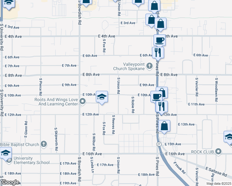 map of restaurants, bars, coffee shops, grocery stores, and more near 925 South Fox Lane in Spokane Valley