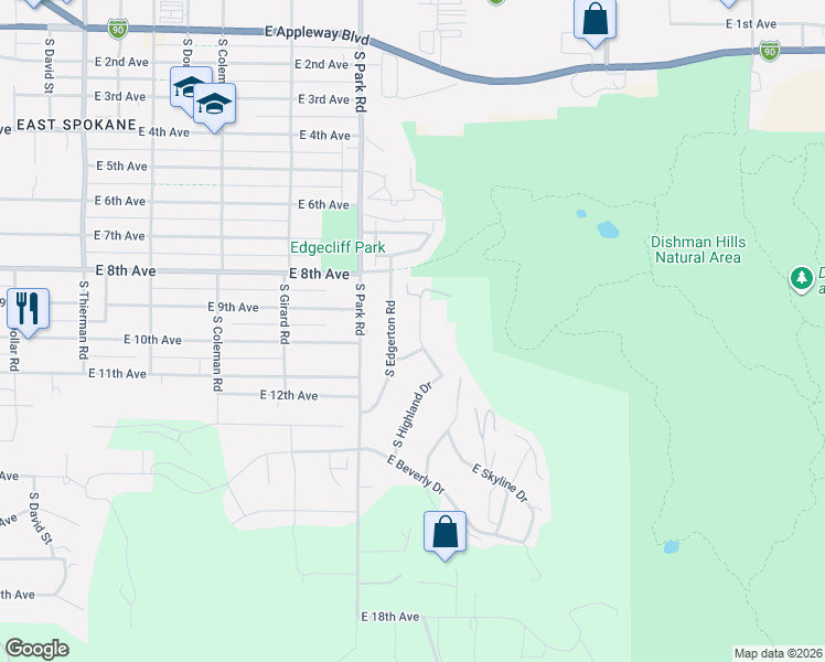 map of restaurants, bars, coffee shops, grocery stores, and more near 7622 East 10th Avenue in Spokane Valley