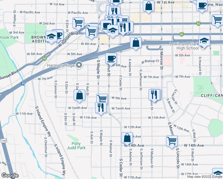 map of restaurants, bars, coffee shops, grocery stores, and more near 1422 West 9th Avenue in Spokane