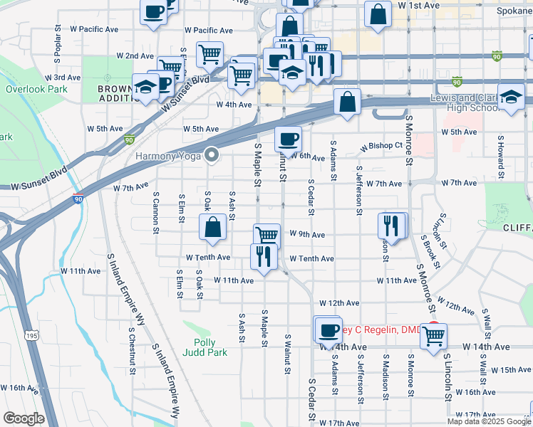 map of restaurants, bars, coffee shops, grocery stores, and more near 1518 West 9th Avenue in Spokane