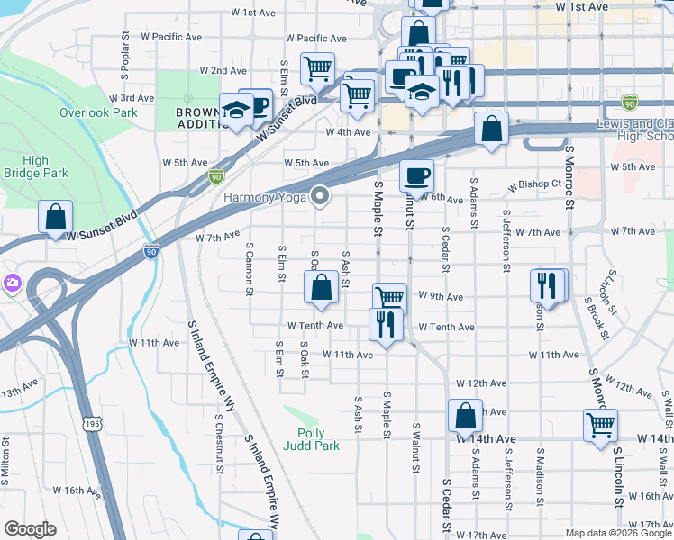 map of restaurants, bars, coffee shops, grocery stores, and more near 1718 West 9th Avenue in Spokane
