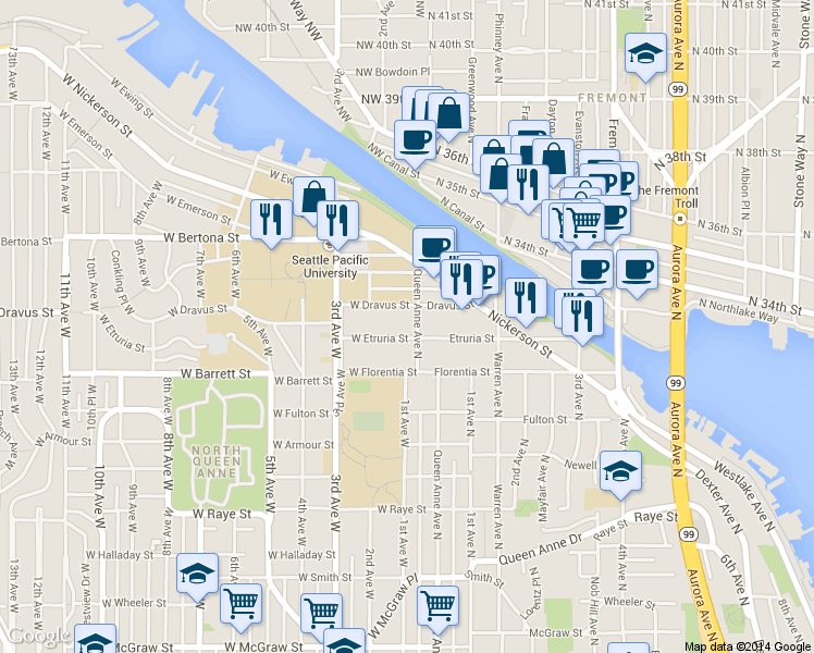 map of restaurants, bars, coffee shops, grocery stores, and more near 3015 Queen Anne Avenue North in Seattle