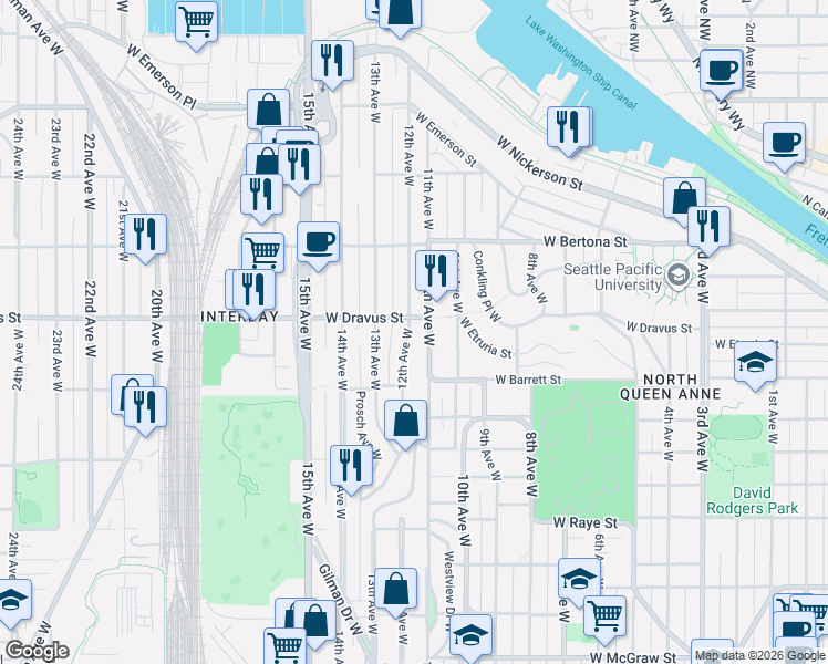map of restaurants, bars, coffee shops, grocery stores, and more near 3020 11th Avenue West in Seattle