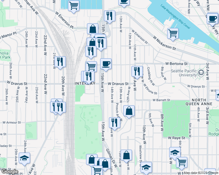 map of restaurants, bars, coffee shops, grocery stores, and more near 3000 15th Avenue West in Seattle