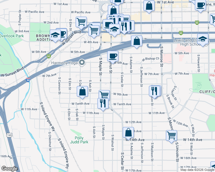 map of restaurants, bars, coffee shops, grocery stores, and more near 1518 West 9th Avenue in Spokane