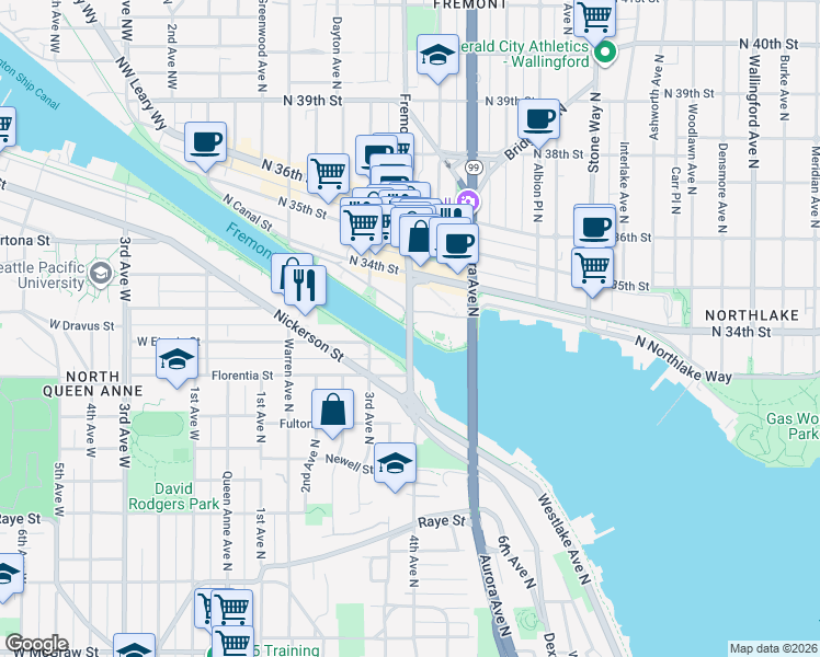 map of restaurants, bars, coffee shops, grocery stores, and more near Fremont Ave N & Fremont Bridge in Seattle
