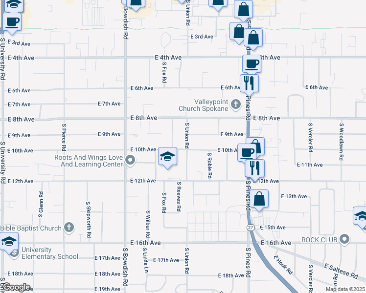 map of restaurants, bars, coffee shops, grocery stores, and more near 925 South Fox Lane in Spokane Valley