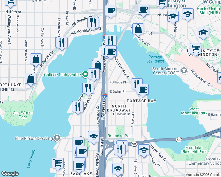 map of restaurants, bars, coffee shops, grocery stores, and more near 3008 Harvard Avenue East in Seattle