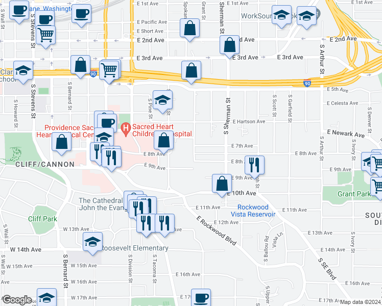 map of restaurants, bars, coffee shops, grocery stores, and more near 828 South Chandler Street in Spokane