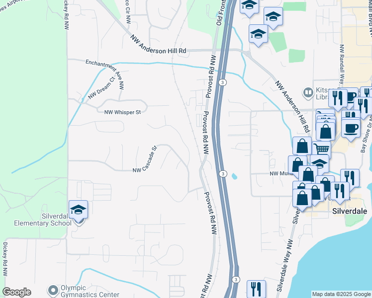 map of restaurants, bars, coffee shops, grocery stores, and more near 9204 Morning Side Drive Northwest in Silverdale