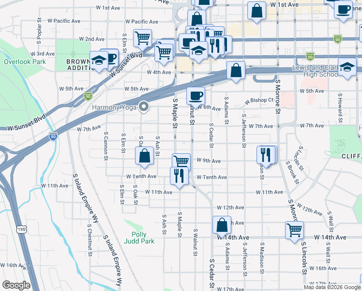 map of restaurants, bars, coffee shops, grocery stores, and more near 1521 West 8th Avenue in Spokane