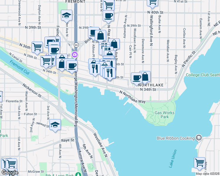 map of restaurants, bars, coffee shops, grocery stores, and more near 3320 Stone Way North in Seattle