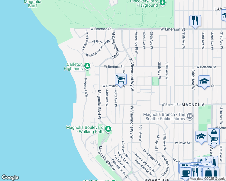 map of restaurants, bars, coffee shops, grocery stores, and more near 3017 43rd Avenue West in Seattle