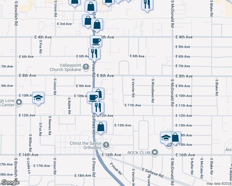 map of restaurants, bars, coffee shops, grocery stores, and more near 1015 South Houk Road in Spokane Valley