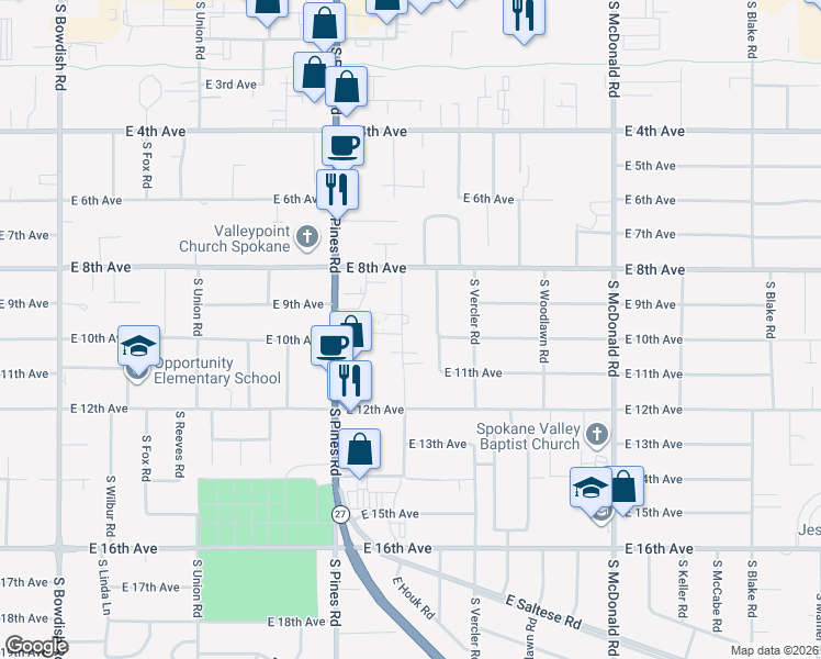 map of restaurants, bars, coffee shops, grocery stores, and more near 1015 South Houk Road in Spokane Valley