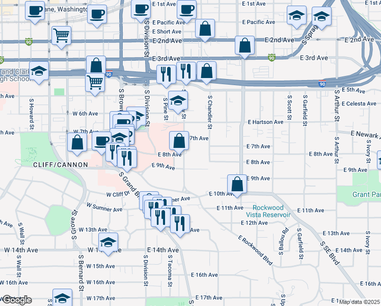 map of restaurants, bars, coffee shops, grocery stores, and more near 205 East 9th Avenue in Spokane