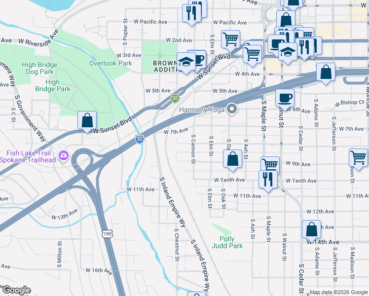 map of restaurants, bars, coffee shops, grocery stores, and more near 2024 West 9th Avenue in Spokane