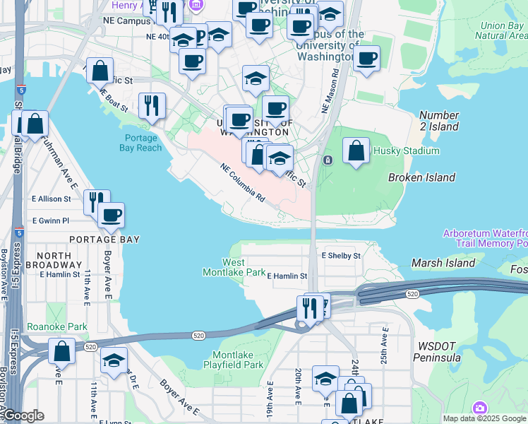 map of restaurants, bars, coffee shops, grocery stores, and more near in Seattle