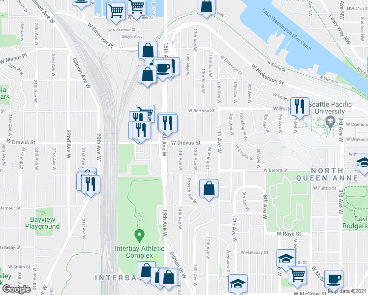 map of restaurants, bars, coffee shops, grocery stores, and more near 3030 14th Avenue West in Seattle