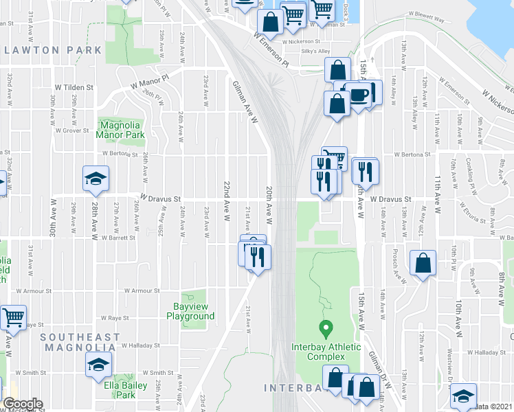 map of restaurants, bars, coffee shops, grocery stores, and more near 3027a 21st Avenue West in Seattle