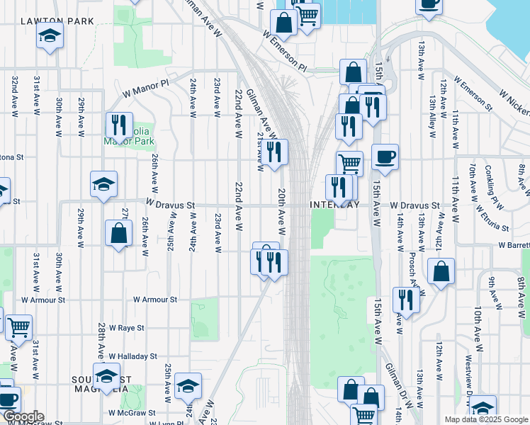 map of restaurants, bars, coffee shops, grocery stores, and more near 3027a 21st Avenue West in Seattle