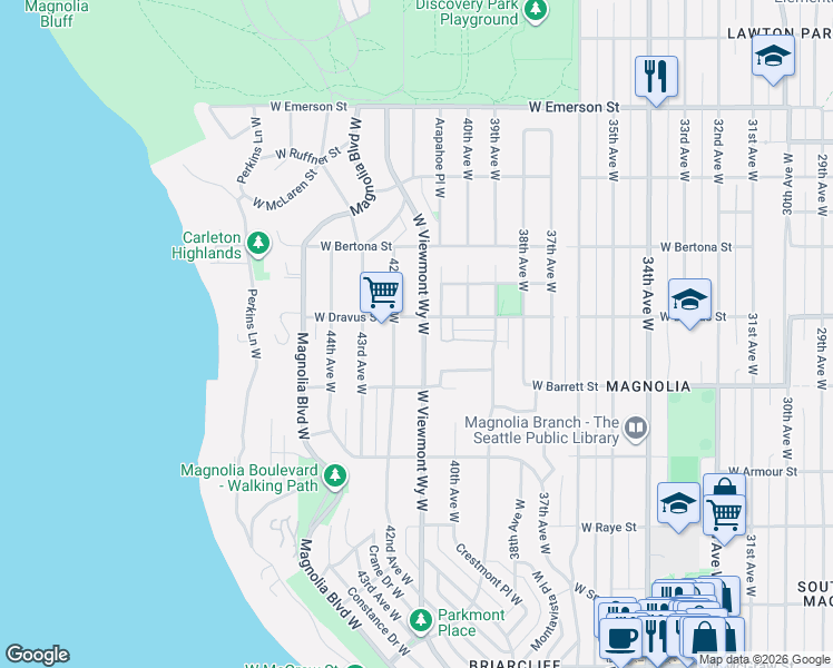 map of restaurants, bars, coffee shops, grocery stores, and more near 3022 42nd Avenue West in Seattle
