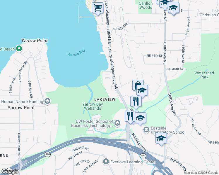 map of restaurants, bars, coffee shops, grocery stores, and more near in Kirkland