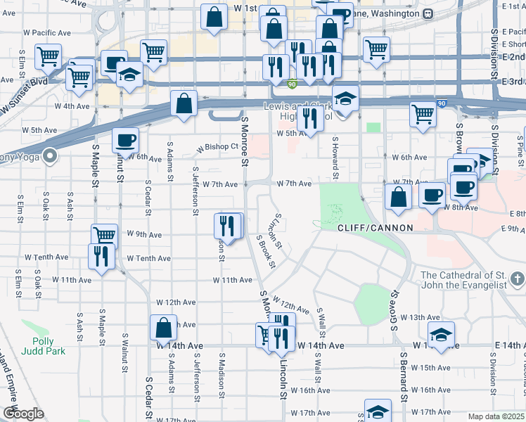 map of restaurants, bars, coffee shops, grocery stores, and more near 801 South Lincoln Place in Spokane