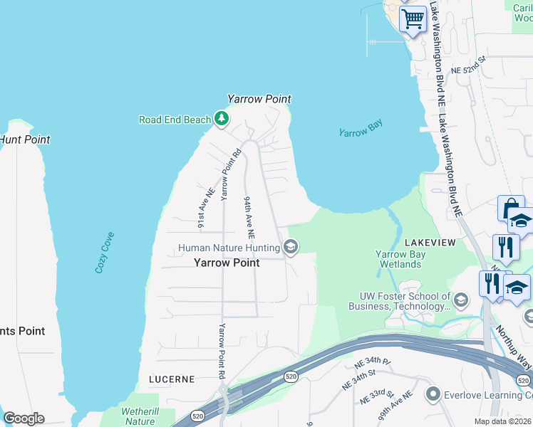 map of restaurants, bars, coffee shops, grocery stores, and more near 4229 95th Avenue Northeast in Bellevue