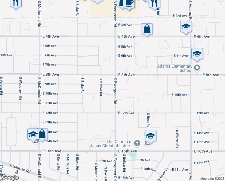 map of restaurants, bars, coffee shops, grocery stores, and more near 920 South Evergreen Road in Spokane Valley