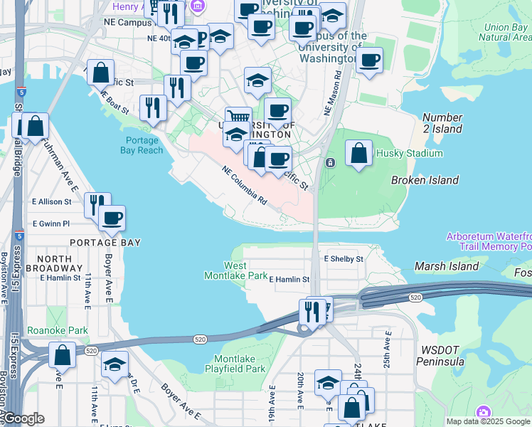 map of restaurants, bars, coffee shops, grocery stores, and more near 1981 Northeast Columbia Road in Seattle
