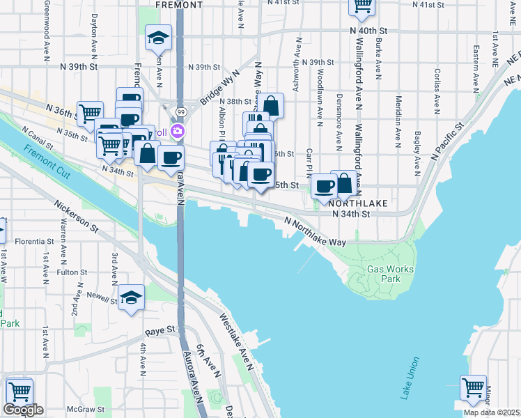 map of restaurants, bars, coffee shops, grocery stores, and more near 1109 North Northlake Way in Seattle