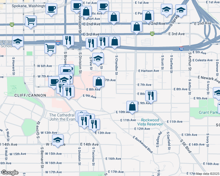 map of restaurants, bars, coffee shops, grocery stores, and more near 819 South Cowley Street in Spokane