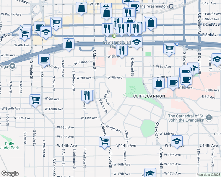 map of restaurants, bars, coffee shops, grocery stores, and more near 801 South Lincoln Street in Spokane