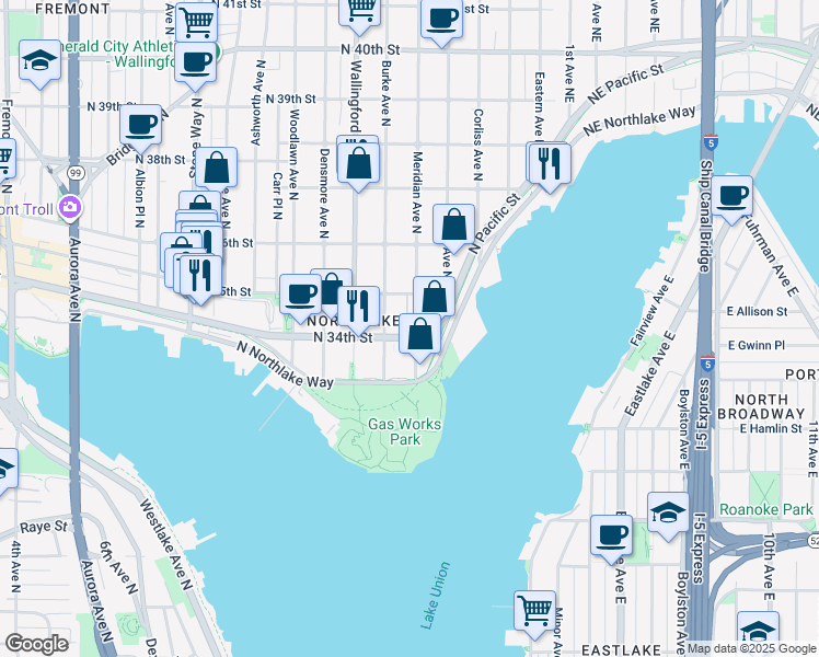 map of restaurants, bars, coffee shops, grocery stores, and more near 3465 Meridian Avenue North in Seattle