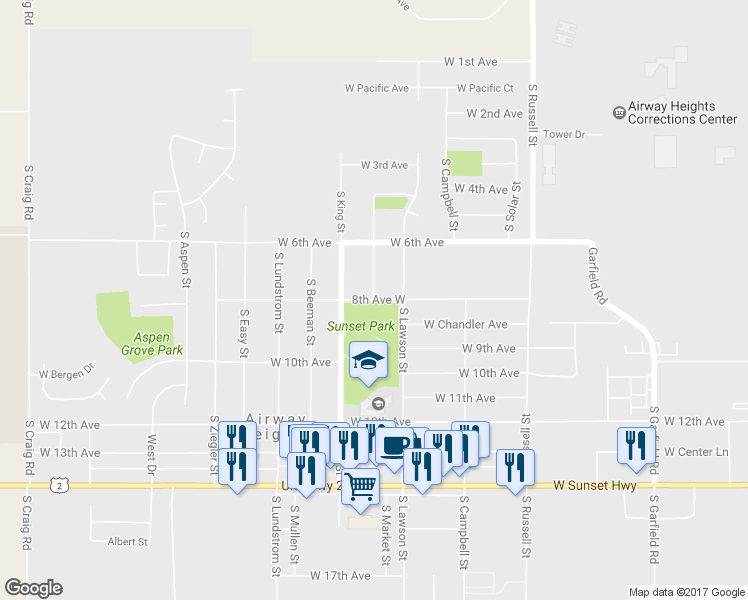 map of restaurants, bars, coffee shops, grocery stores, and more near 8th Avenue West in Airway Heights