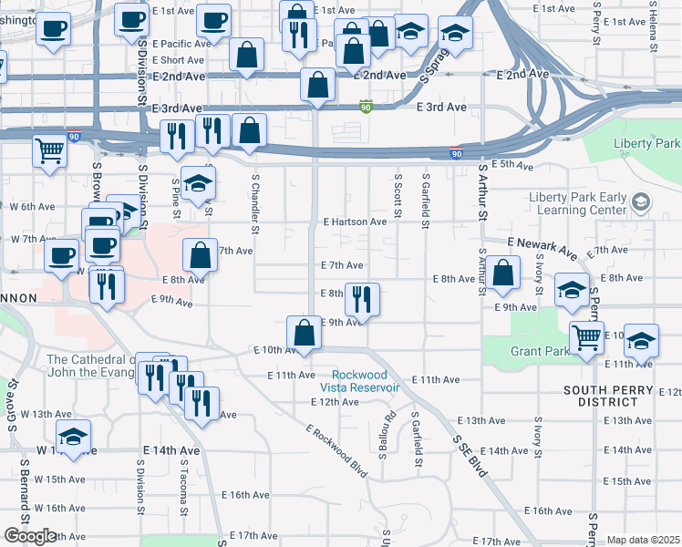 map of restaurants, bars, coffee shops, grocery stores, and more near 601 East 7th Avenue in Spokane
