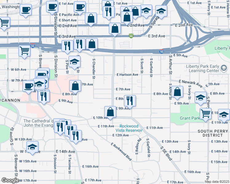 map of restaurants, bars, coffee shops, grocery stores, and more near 732 South Sherman Street in Spokane