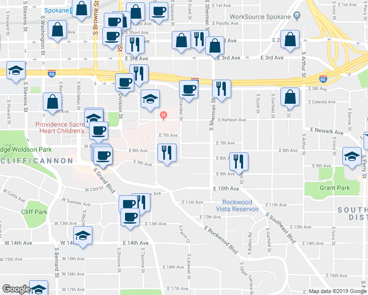 map of restaurants, bars, coffee shops, grocery stores, and more near 353 East 7th Avenue in Spokane