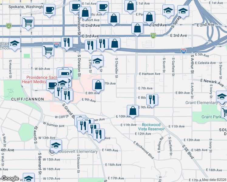 map of restaurants, bars, coffee shops, grocery stores, and more near 226 East 7th Avenue in Spokane