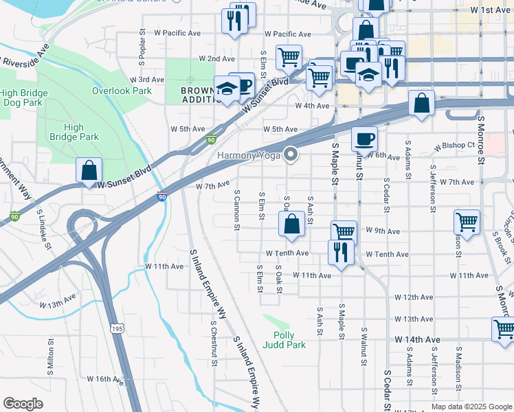map of restaurants, bars, coffee shops, grocery stores, and more near 1951 West 7th Avenue in Spokane