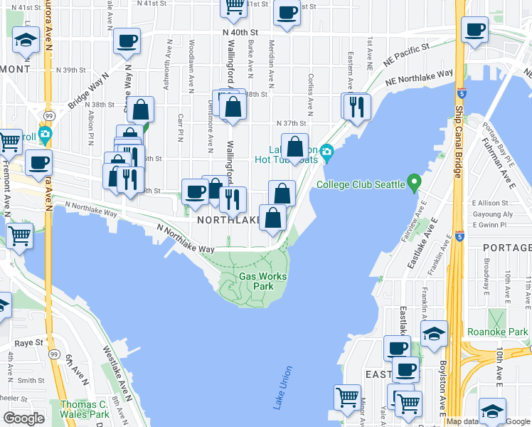 map of restaurants, bars, coffee shops, grocery stores, and more near 3465 Meridian Avenue North in Seattle