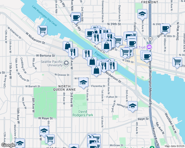 map of restaurants, bars, coffee shops, grocery stores, and more near in Seattle