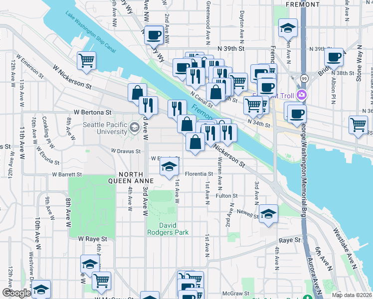 map of restaurants, bars, coffee shops, grocery stores, and more near in Seattle